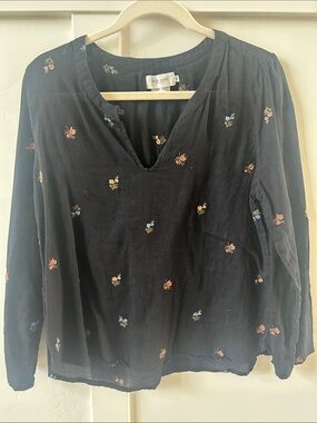 Indi & Cold Black V-Neck Blouse Gauzy Tunic Multicolor Floral Embroidery